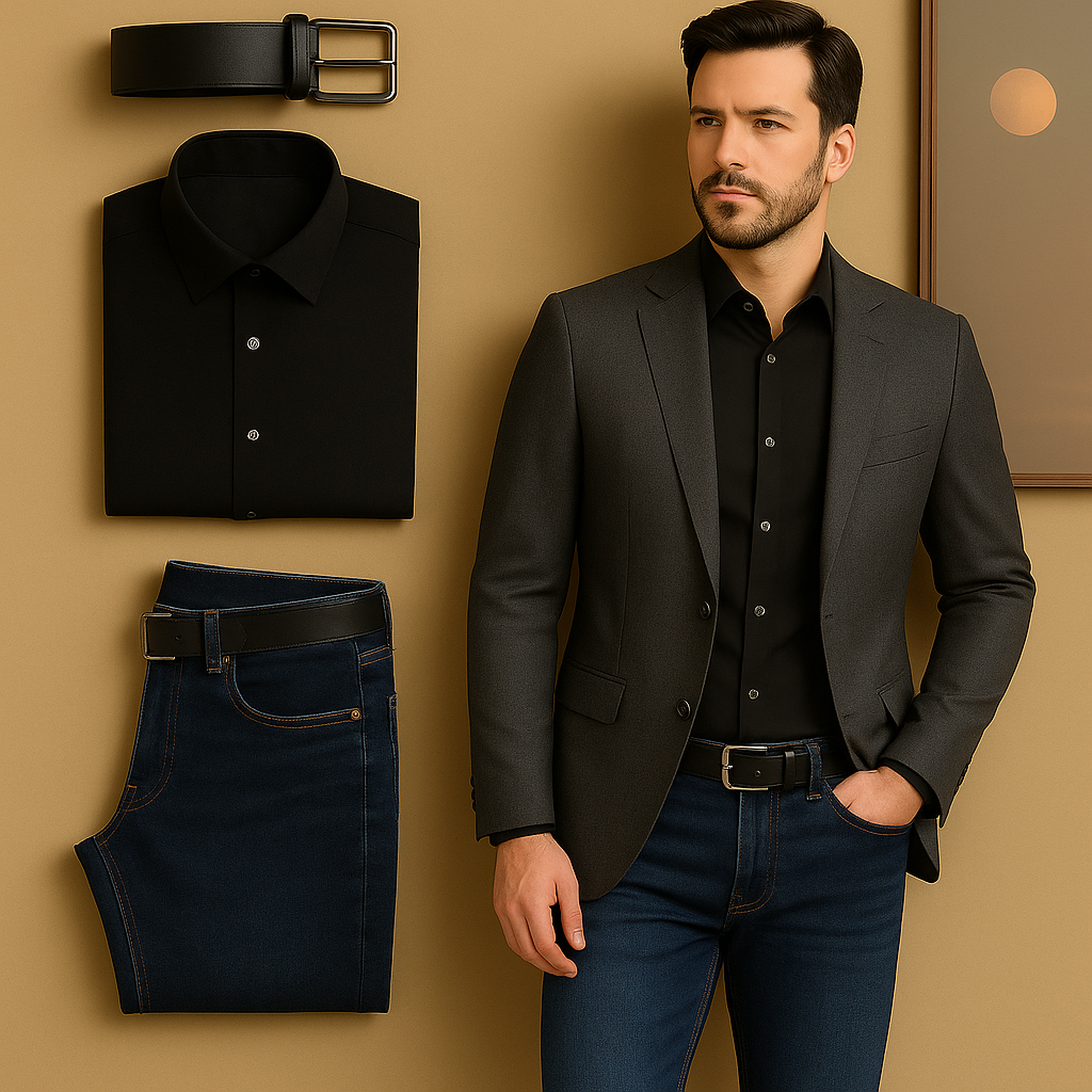 Conjunto Elegante Hombre - Blazer, Camisa, Jeans y Correa de Lujo H105-3