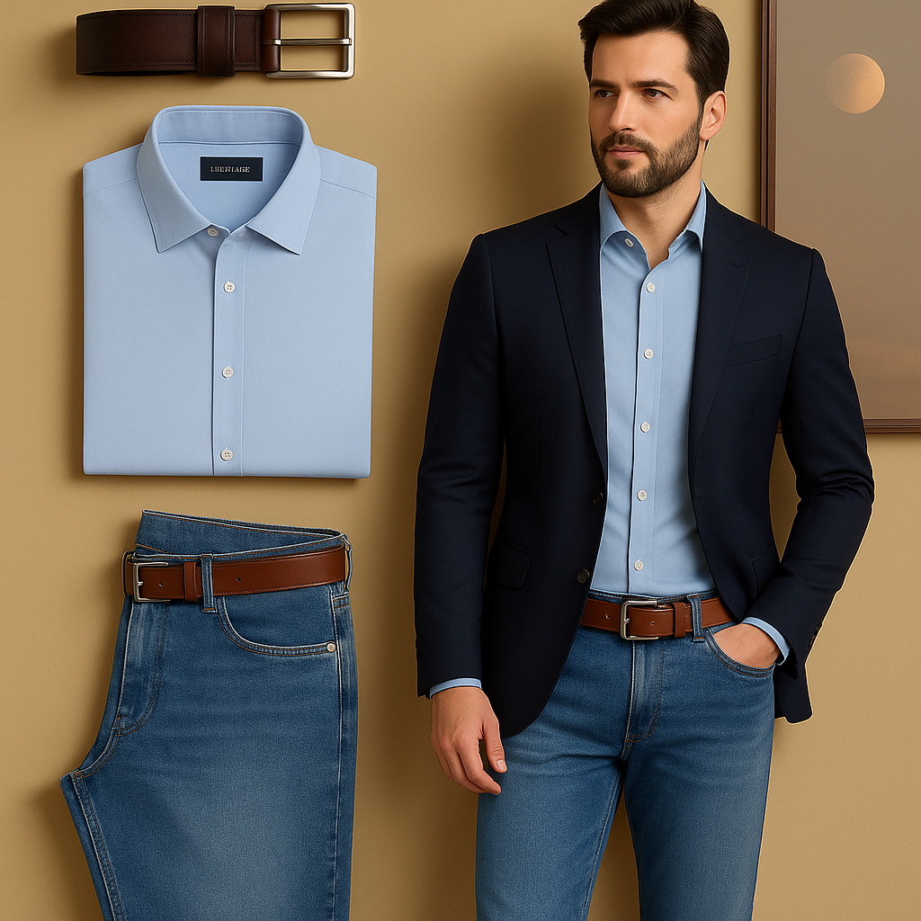 Conjunto Elegante Hombre - Blazer, Camisa, Jeans y Correa de Lujo H105-3