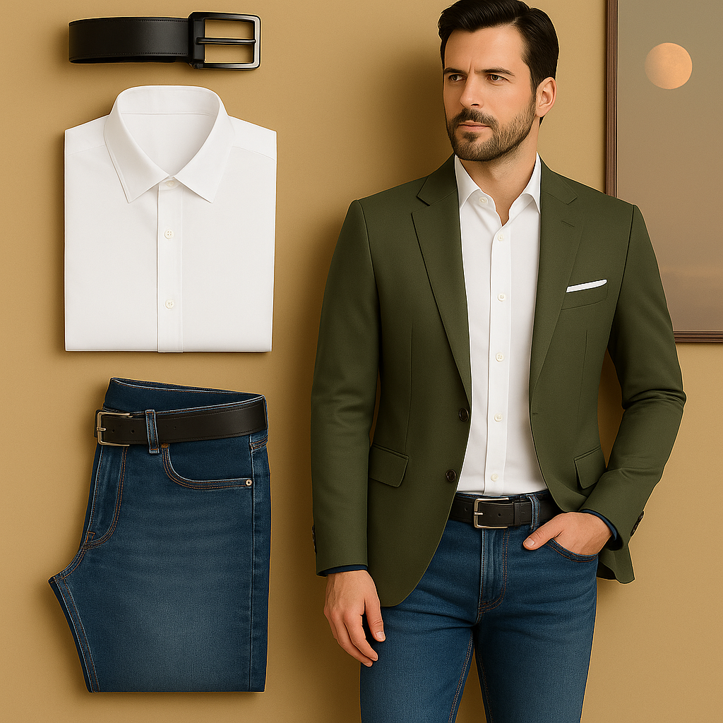 Conjunto Elegante Hombre - Blazer, Camisa, Jeans y Correa de Lujo H105-3