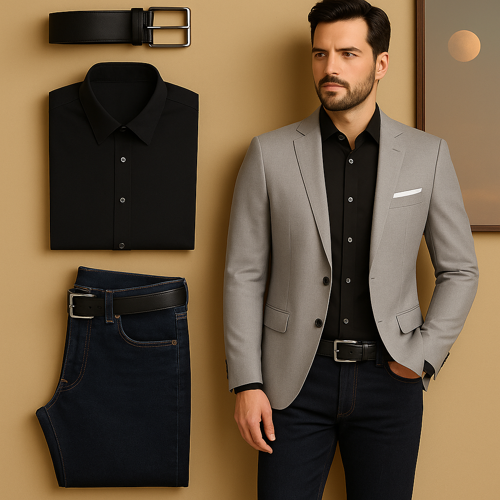 Conjunto Elegante Hombre - Blazer, Camisa, Jeans y Correa de Lujo H105-3