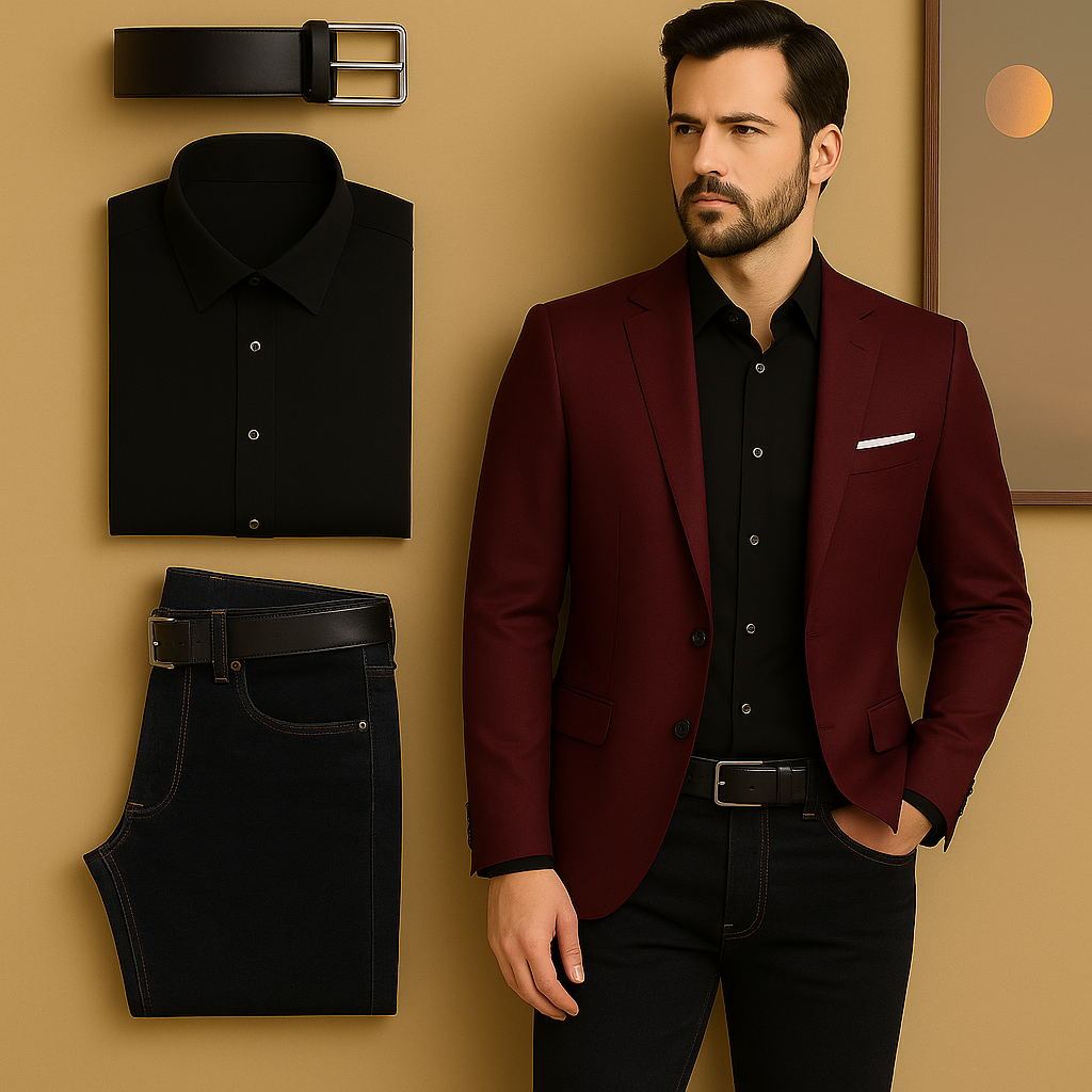 Conjunto Elegante Hombre - Blazer, Camisa, Jeans y Correa de Lujo H105-3
