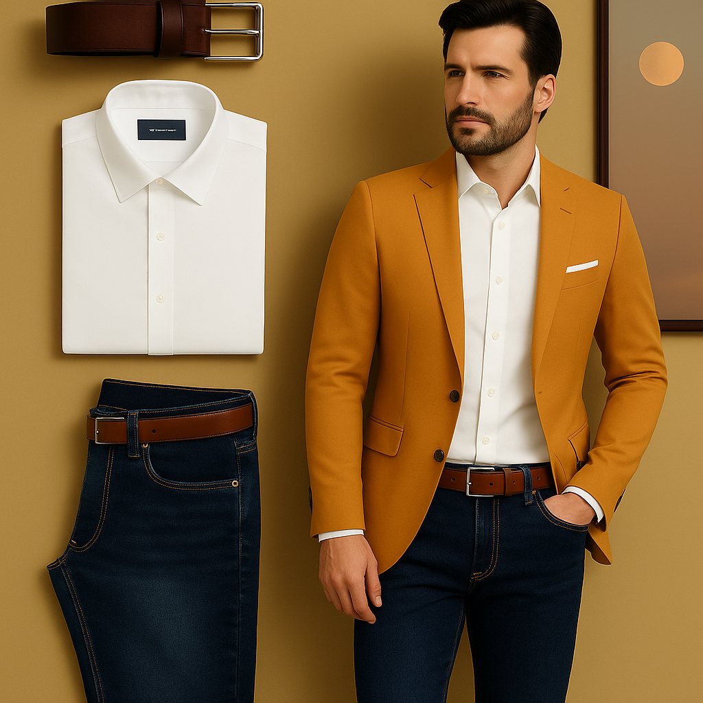 Conjunto Elegante Hombre - Blazer, Camisa, Jeans y Correa de Lujo H105-3