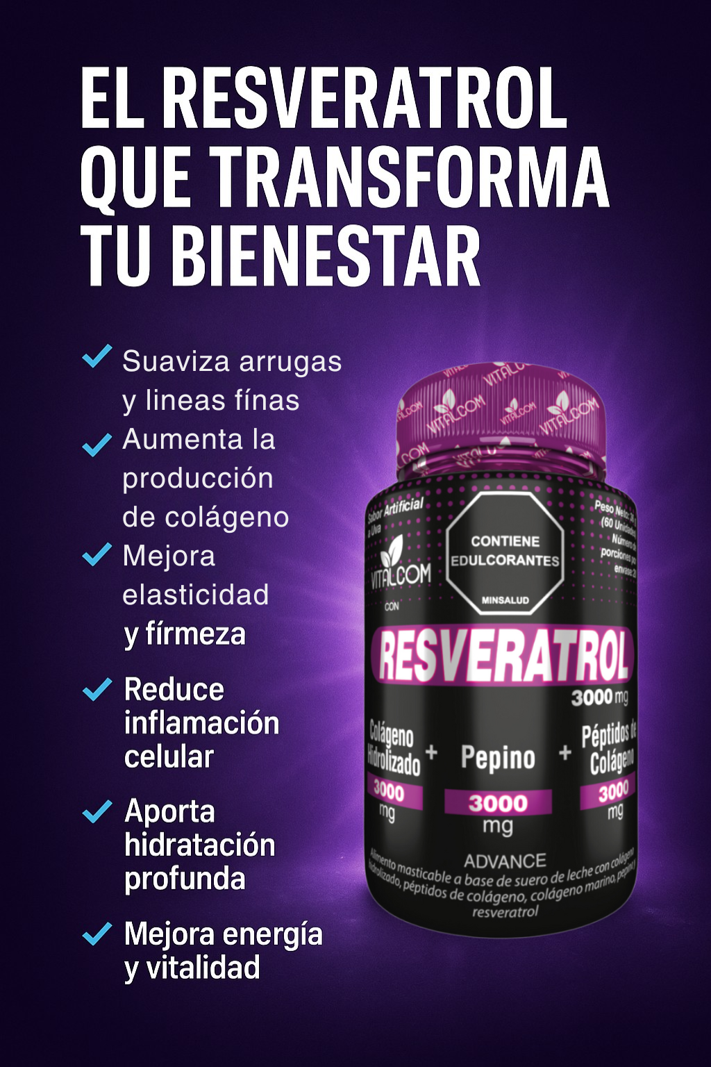 Resveratrol Vitalcom x60 - Antioxidante, Colágeno y Vitaminas para Piel y Bienestar