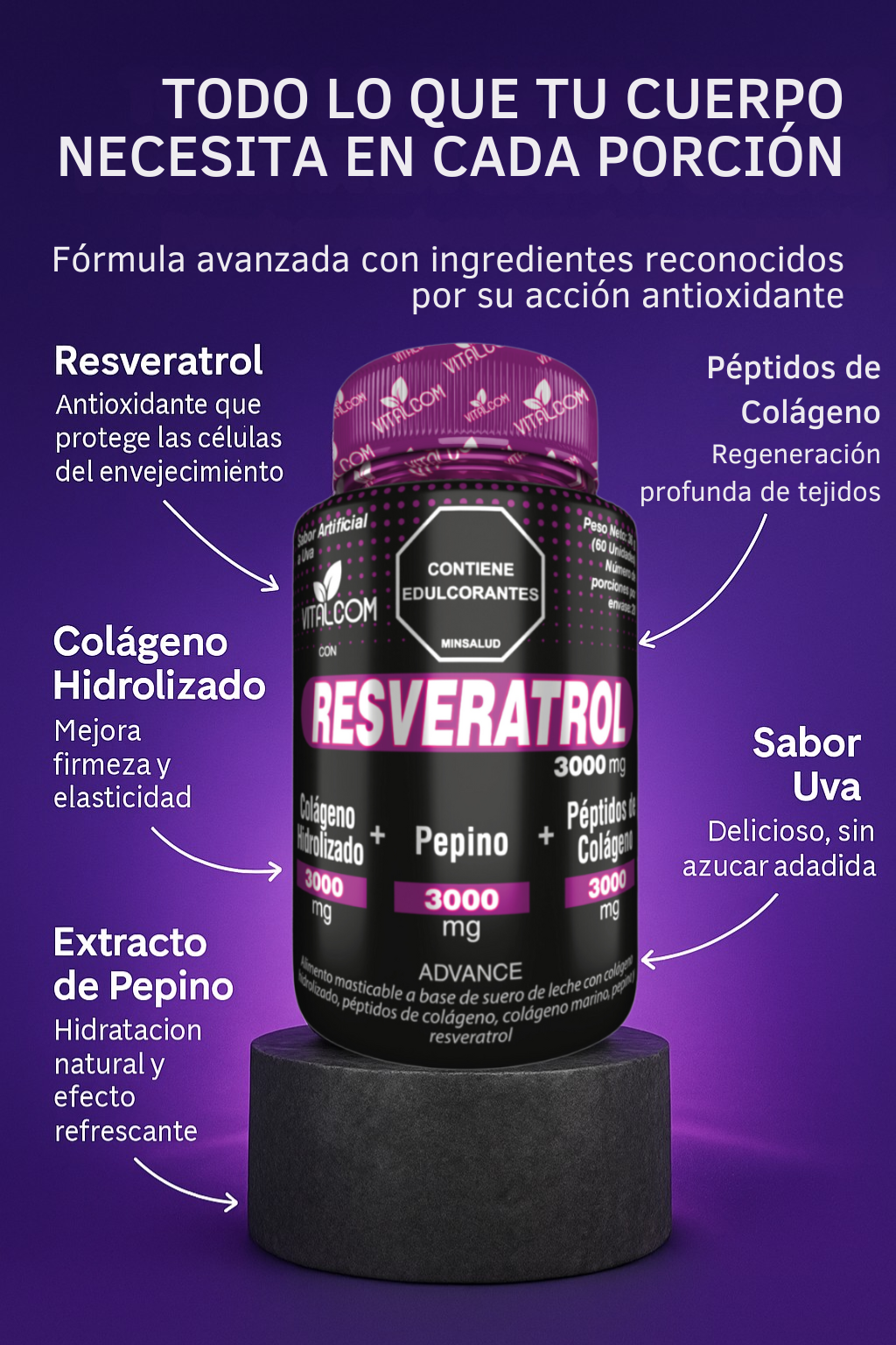 Resveratrol Vitalcom x60 - Antioxidante, Colágeno y Vitaminas para Piel y Bienestar