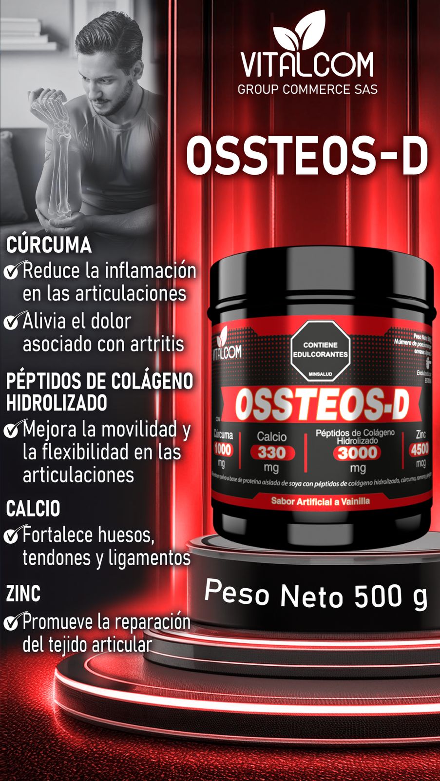 OSSTEOS-D | Suplemento en Polvo para Articulaciones y Huesos con Colágeno, Cúrcuma y Calcio